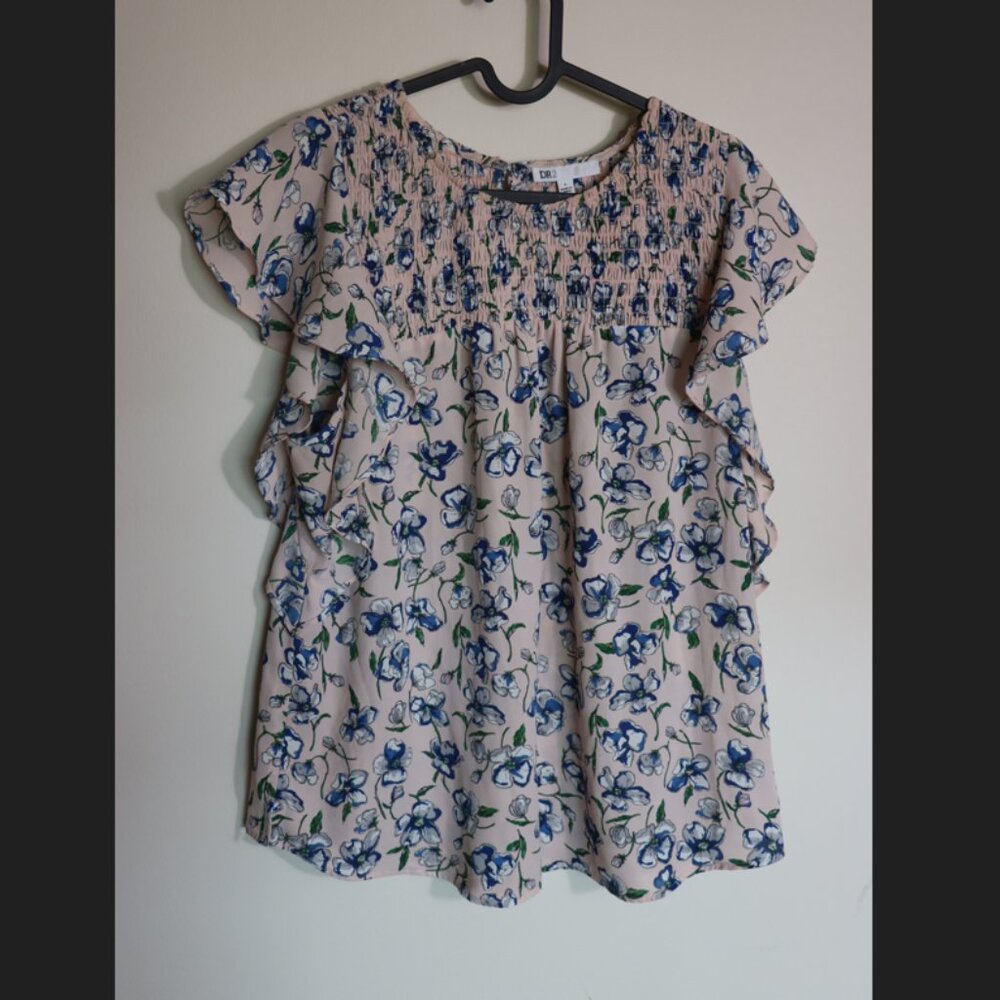 DR2 Pink and Blue Floral Ruched Stretchy Summer Top Size Large